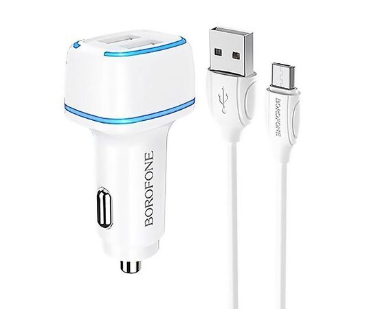  Адаптер Автомобильный с кабелем Borofone BZ14 Max 2USB/5V/2.4A +micro USB (white) 