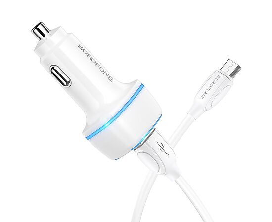  Адаптер Автомобильный с кабелем Borofone BZ14 Max 2USB/5V/2.4A +micro USB (white) 
