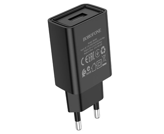  Блок питания сетевой 1 USB Borofone BA68A, Glacier, 2100mA, цвет: чёрный (1/65/260) 