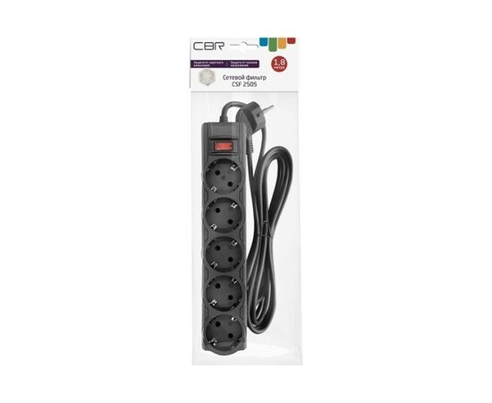  Сетевой фильтр CBR CSF 2505-1.8 Black PC, 5 евророзеток, длина 1,8 м, чёрный 