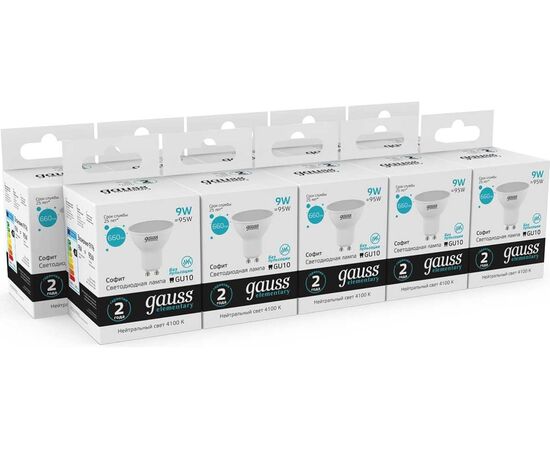  Лампа Gauss Spotlight Elementary (13629) светодиодная 9Вт цок. GU10 спот 220B 4100K св.свеч.бел.нейт. MR16 (упак. 10шт) 