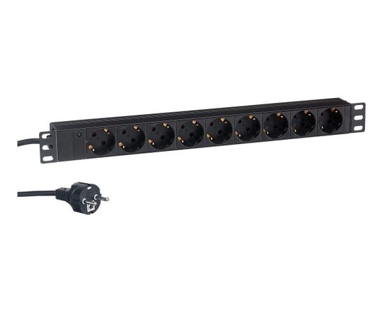 Блок розеток горизонтальный ExeGate ServerPro PDU-19H905 Al-9S-EU3, 19", 1U, Алюминий, 9 Schuko, кабель с евровилкой VDE-250V-16A-3*1.5mm2, 3 метра 