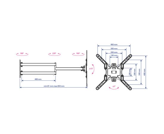  24"-55''  Кронштейн Kromax DIX-25 Наклонно-поворотный, черный, макс вес 20кг 