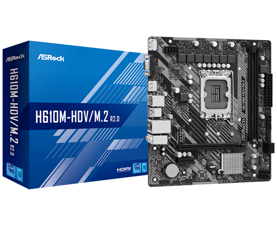  MB s1700 ASRock H610M-HDV/M.2 R2.0, Intel®H610, 2xDDR4-3200, D-SUB+HDMI+DP, 1xPCI-Ex16, 1xPCI-Ex1, 4xSATA3, 1xM.2, 8 Ch Audio, 1xGLan, (4+2)xUSB2.0, (2+2)xUSB3.2, 1xPS/2, mATX, RTL 