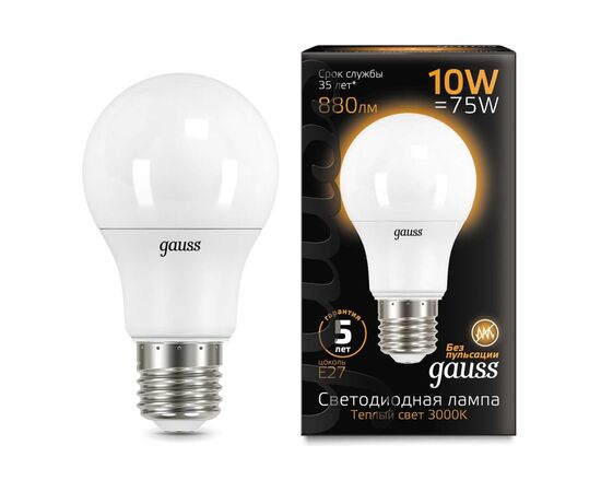  Лампа светодиодная Gauss A60 102502110 10Вт цок.E27 шар 220B 3000K св.свечения белый теплый A60 уп/10шт 