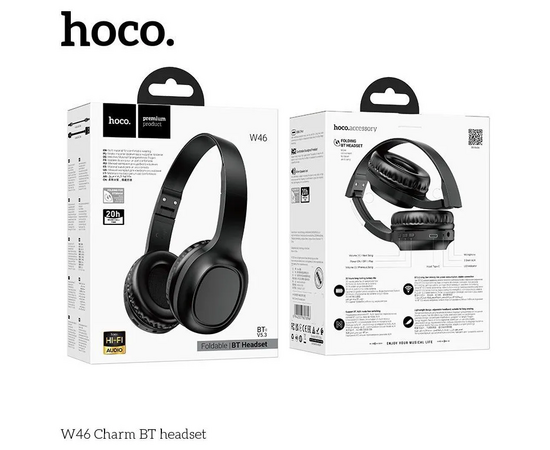  Наушники полноразмерные HOCO W46 Charm, bluetooth 5.3, 200мАч, цвет: чёрный (1/60) 