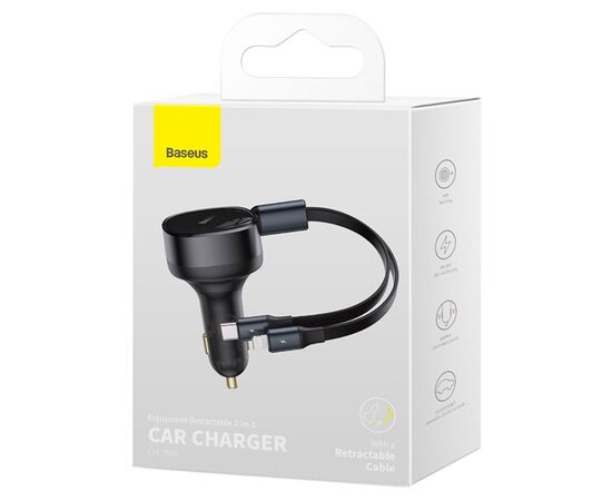  Автомобильное зарядное устройство BASEUS Enjoyment Retractable с Кабелем Type-C/Lightning, 3.5A, 20W, черный 