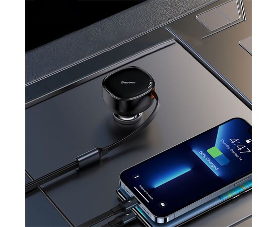  Автомобильное зарядное устройство BASEUS Enjoyment Retractable с Кабелем Type-C/Lightning, 3.5A, 20W, черный 
