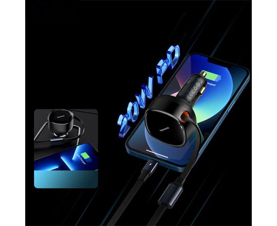  Автомобильное зарядное устройство BASEUS Enjoyment Retractable с Кабелем Type-C/Lightning, 3.5A, 20W, черный 