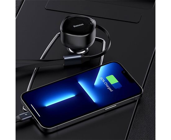  Автомобильное зарядное устройство BASEUS Enjoyment Retractable с Кабелем Type-C/Lightning, 3.5A, 20W, черный 