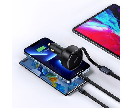  Автомобильное зарядное устройство BASEUS Enjoyment Retractable с Кабелем Type-C/Lightning, 3.5A, 20W, черный 