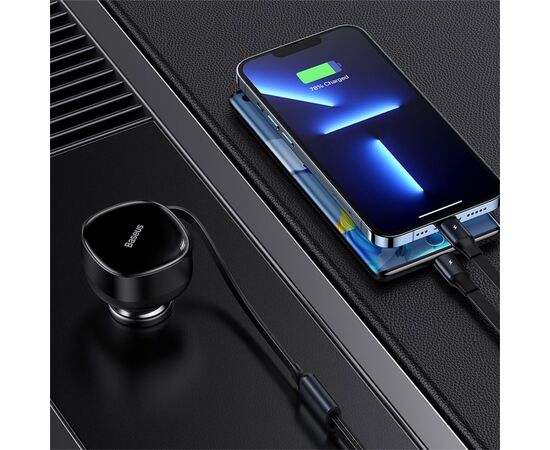  Автомобильное зарядное устройство BASEUS Enjoyment Retractable с Кабелем Type-C/Lightning, 3.5A, 20W, черный 