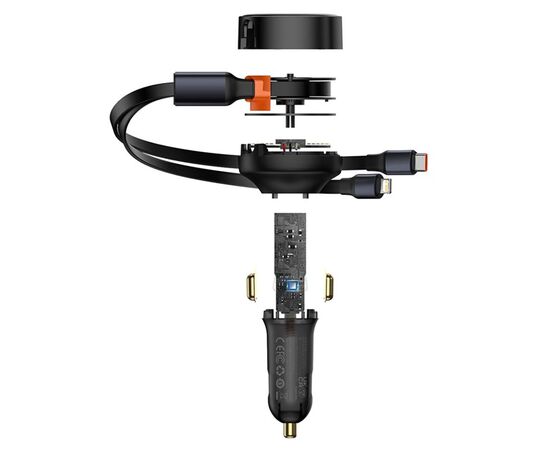  Автомобильное зарядное устройство BASEUS Enjoyment Retractable с Кабелем Type-C/Lightning, 3.5A, 20W, черный 