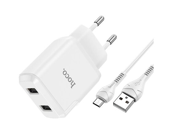  Сетевое зарядное устройство HOCO N7 Speedy 2xUSB с Кабелем USB - Micro, 2.1A, 10W, белый 