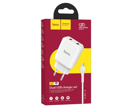  Сетевое зарядное устройство HOCO N7 Speedy 2xUSB с Кабелем USB - Micro, 2.1A, 10W, белый 