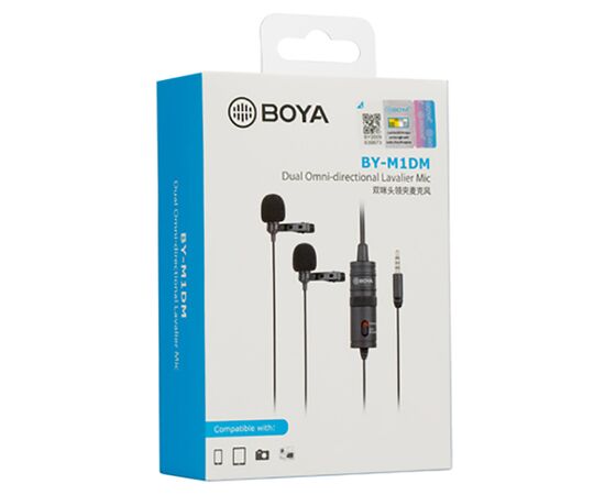  Микрофон BOYA BY-M1DM, петличный, Jack 3.5mm, черный, двойной всенаправленный 