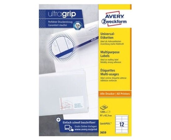  Этикетки Avery Zweckform 3659 A4 97x42.3мм 12шт на листе/70г/м2/100л./белый матовое самоклей. универсальная 