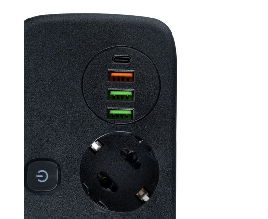  Сетевой удлинитель Amper, 0,2м, 2 розетки, 3*0,75мм, 10А, 2500 Вт, 3usb, 1Type-C, 1кн, черный. 