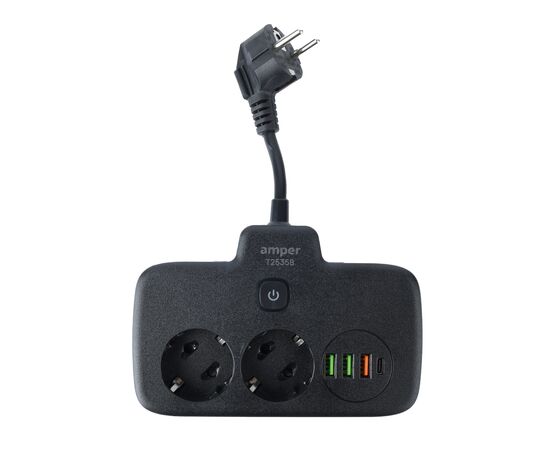  Сетевой удлинитель Amper, 0,2м, 2 розетки, 3*0,75мм, 10А, 2500 Вт, 3usb, 1Type-C, 1кн, черный. 