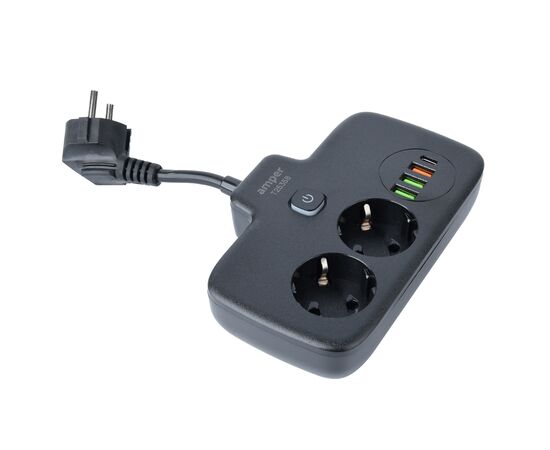  Сетевой удлинитель Amper, 0,2м, 2 розетки, 3*0,75мм, 10А, 2500 Вт, 3usb, 1Type-C, 1кн, черный. 