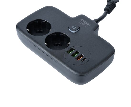  Сетевой удлинитель Amper, 0,2м, 2 розетки, 3*0,75мм, 10А, 2500 Вт, 3usb, 1Type-C, 1кн, черный. 