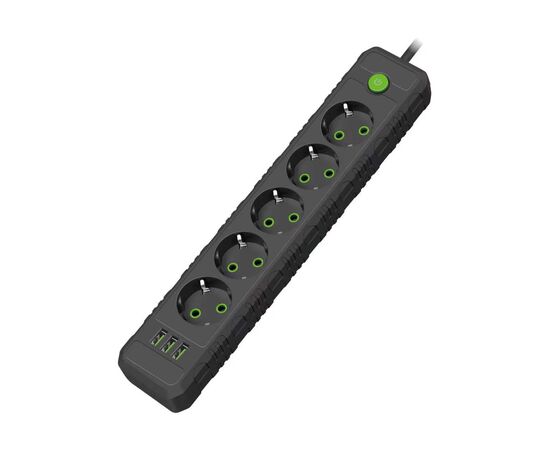  Amper сетевой удлинитель, 2,0м, 5 розеток, 10А, 2500 Вт, 3usb, черный. 