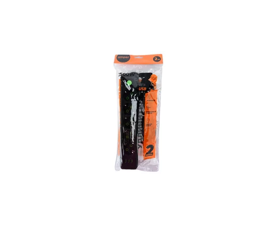  Amper сетевой удлинитель, 2,0м, 5 розеток, 10А, 2500 Вт, 3usb, черный. 
