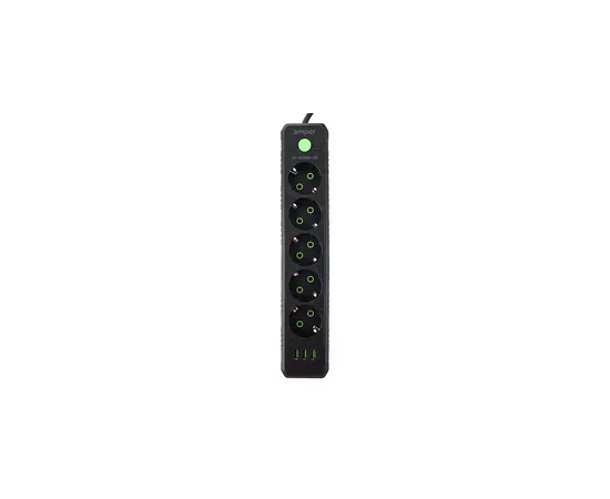  Amper сетевой удлинитель, 2,0м, 5 розеток, 10А, 2500 Вт, 3usb, черный. 