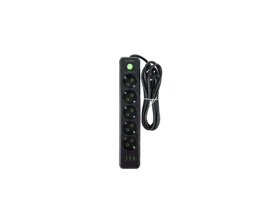  Amper сетевой удлинитель, 2,0м, 5 розеток, 10А, 2500 Вт, 3usb, черный. 