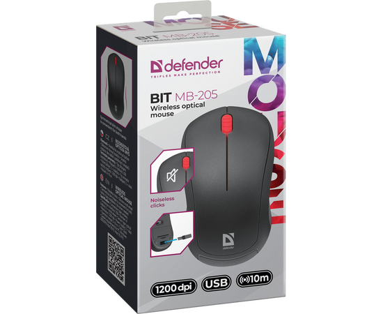  Мышь DEFENDER Bit MB-205 52205 USB Optical WRL, черная 