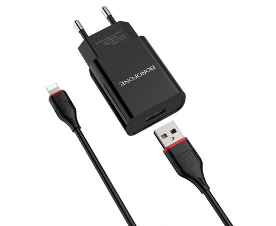  Сетевое зарядное устройство BOROFONE BA20A Sharp 1xUSB с Кабелем USB - Lightning, 2.1A, 10W, черный 