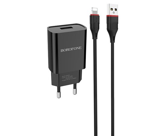  Сетевое зарядное устройство BOROFONE BA20A Sharp 1xUSB с Кабелем USB - Lightning, 2.1A, 10W, черный 