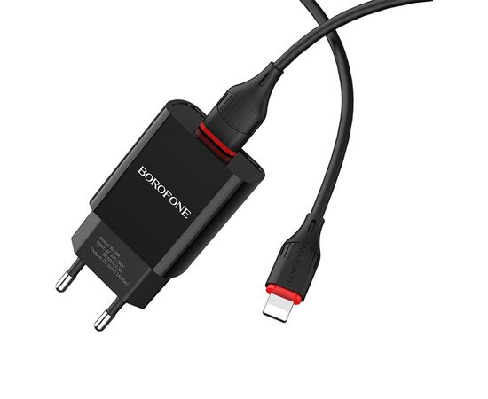  Сетевое зарядное устройство BOROFONE BA20A Sharp 1xUSB с Кабелем USB - Lightning, 2.1A, 10W, черный 