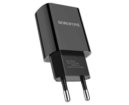  Сетевое зарядное устройство BOROFONE BA20A Sharp 1xUSB с Кабелем USB - Lightning, 2.1A, 10W, черный 
