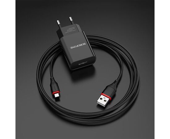  Сетевое зарядное устройство BOROFONE BA20A Sharp 1xUSB с Кабелем USB - Lightning, 2.1A, 10W, черный 