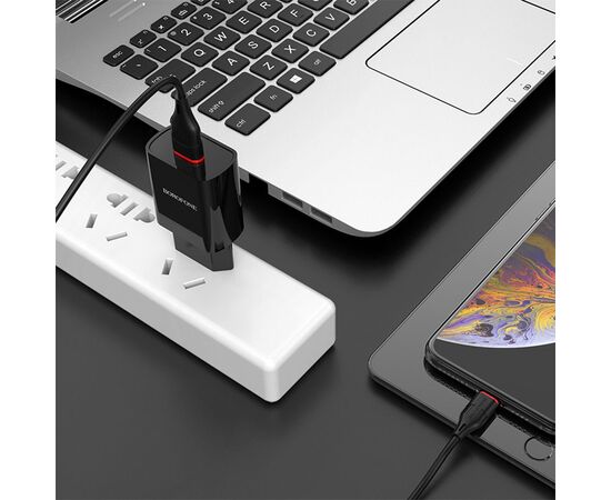  Сетевое зарядное устройство BOROFONE BA20A Sharp 1xUSB с Кабелем USB - Lightning, 2.1A, 10W, черный 