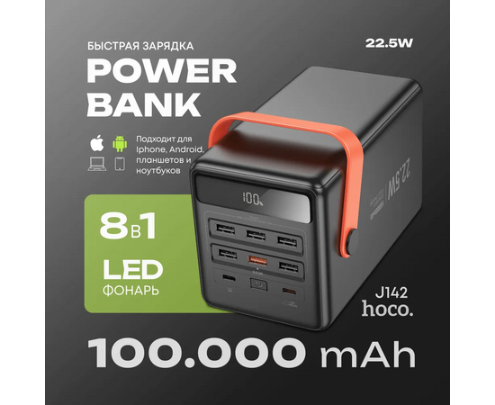  Аккумулятор внешний резервный HOCO J142 Surpass 22.5W+PD20W fully compatible power bank 100000mAh (чёрный) 