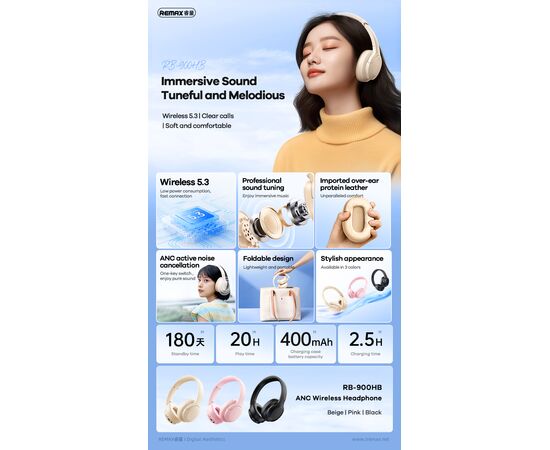  Наушники полноразмерные bluetooth REMAX ANC Wireless Headphone RB-900HB (черный) 