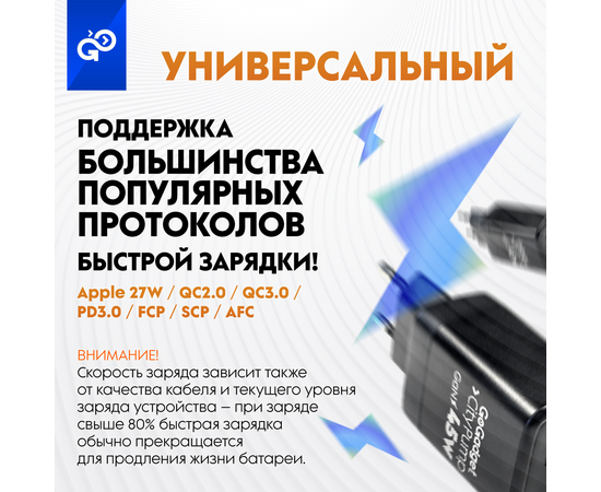  Сетевое зарядное устройство CityPump 45W 1хUSB-C 1xUSB-A GaN 2xPCU(30W+15W), ЧЕРНЫЙ 