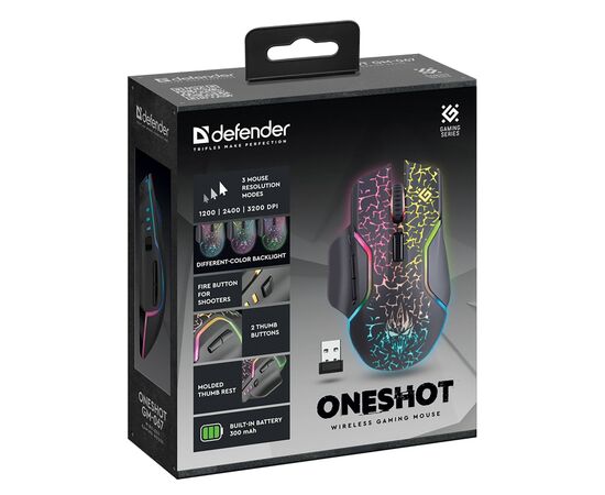  Мышь оптическая беспроводная Defender Oneshot GM-067 3200dpi, 300 мАч, 7D игровая (black) (238166) 