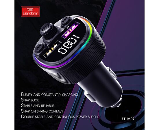  ФМ модулятор (2USB выхода, Bluetooth) Earldom ET-M97, 66W, с подсветкой 