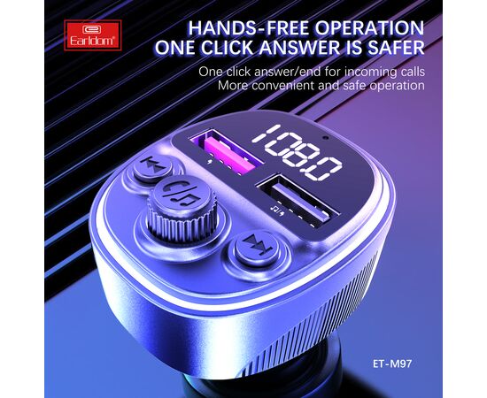  ФМ модулятор (2USB выхода, Bluetooth) Earldom ET-M97, 66W, с подсветкой 